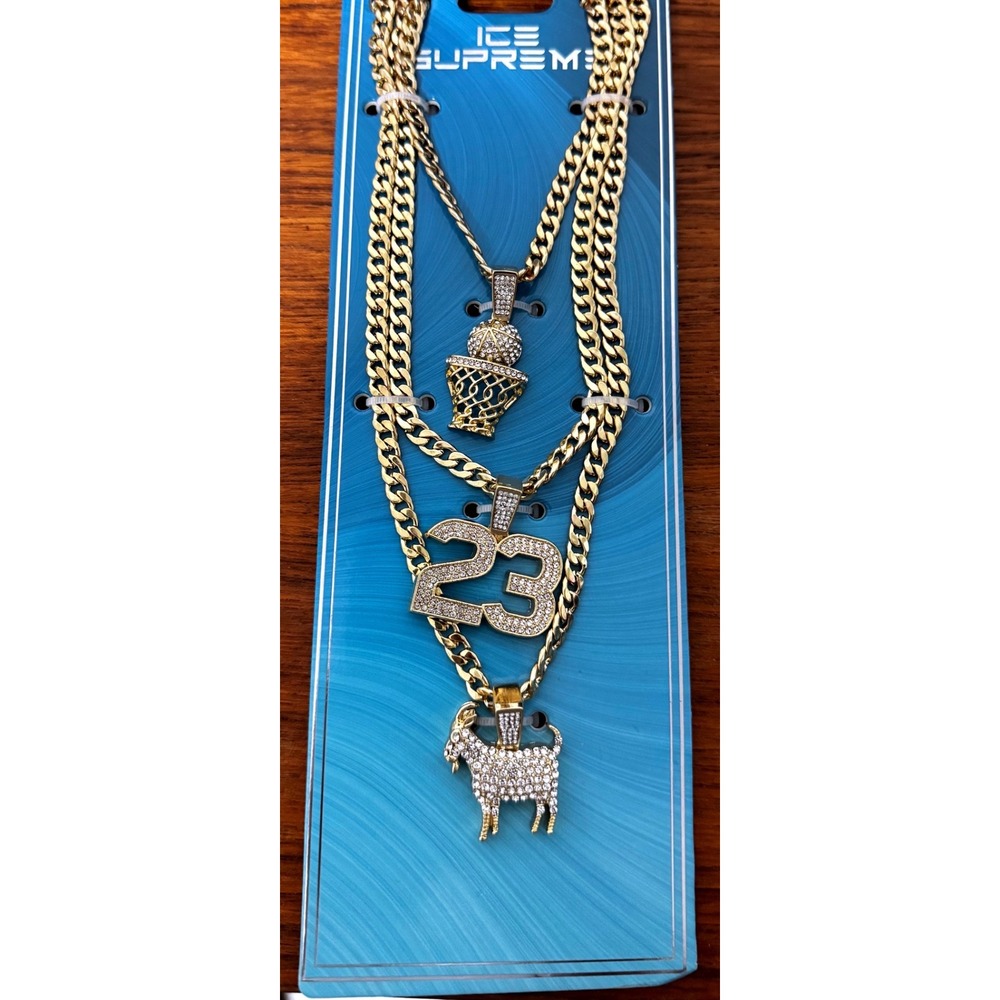 Ice Supreme 3 Piece‎ Gold Tone Iced Out Basketball 23 GOAT Pendant Necklace Set